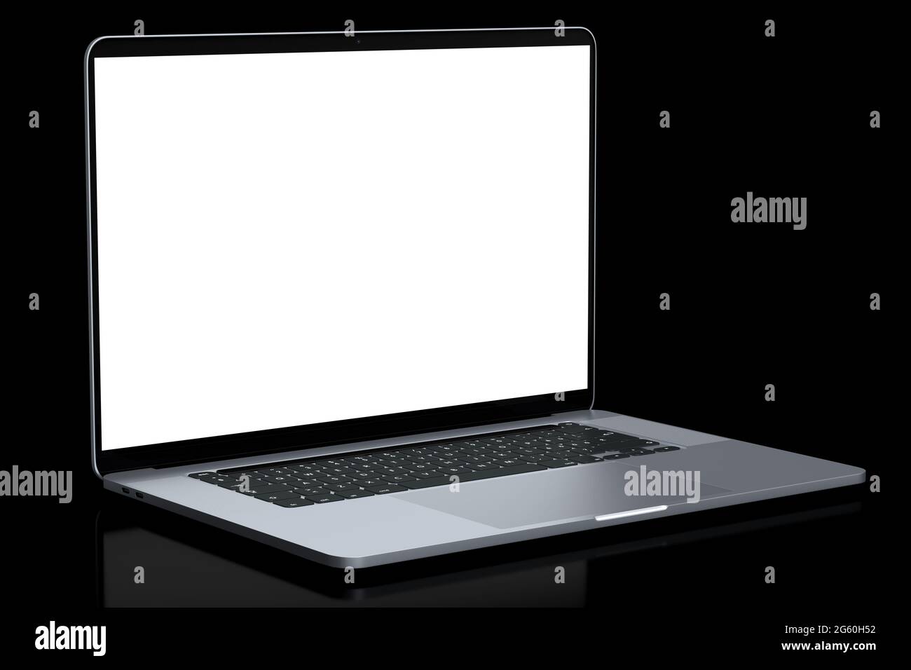 Ordinateur portable en aluminium réaliste avec écran blanc vide isolé sur fond noir. Banque D'Images Ordinateur portable en aluminium réaliste avec écran blanc vide isolé sur fond noir. Banque D'Images