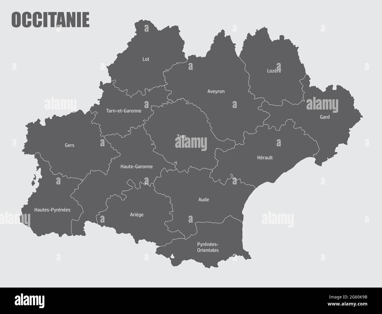 Carte administrative Occitanie divisée en départements avec labels, France Illustration de Vecteur