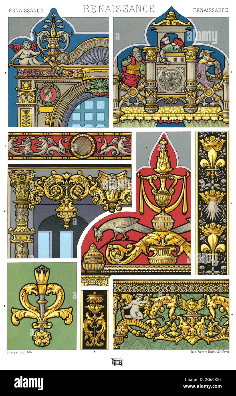 Renaissance - l'ornementation architecturale - des vitraux peints. - par l'ornement 1880. Banque D'Images