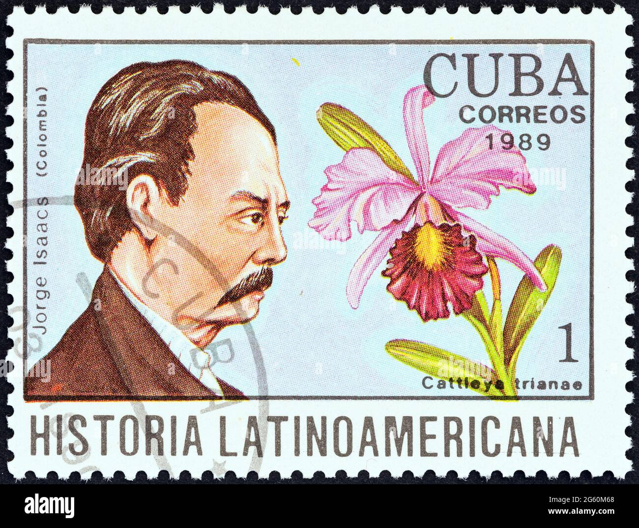 CUBA - VERS 1989: Un timbre imprimé à Cuba du numéro "Histoire de l'Amérique latine" montre Jorge Isaacs et Cattleya trianae (Colombie). Banque D'Images