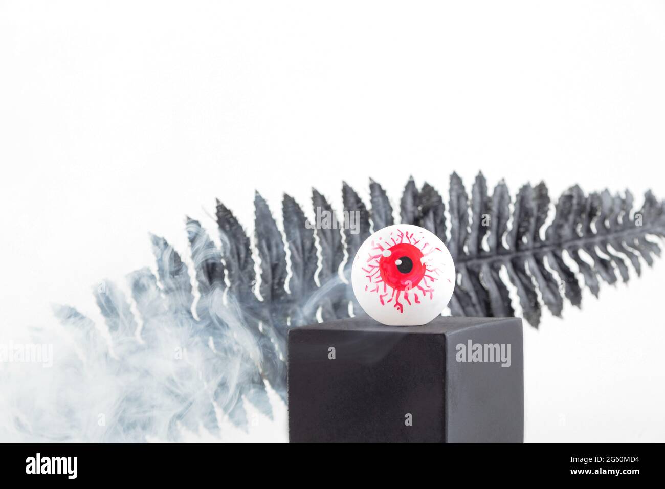 Yeux rouges sur un cube noir sur fond blanc avec décor élégant d'Halloween avec des feuilles noires dans la vapeur. Concept de vacances d'automne. Banque D'Images