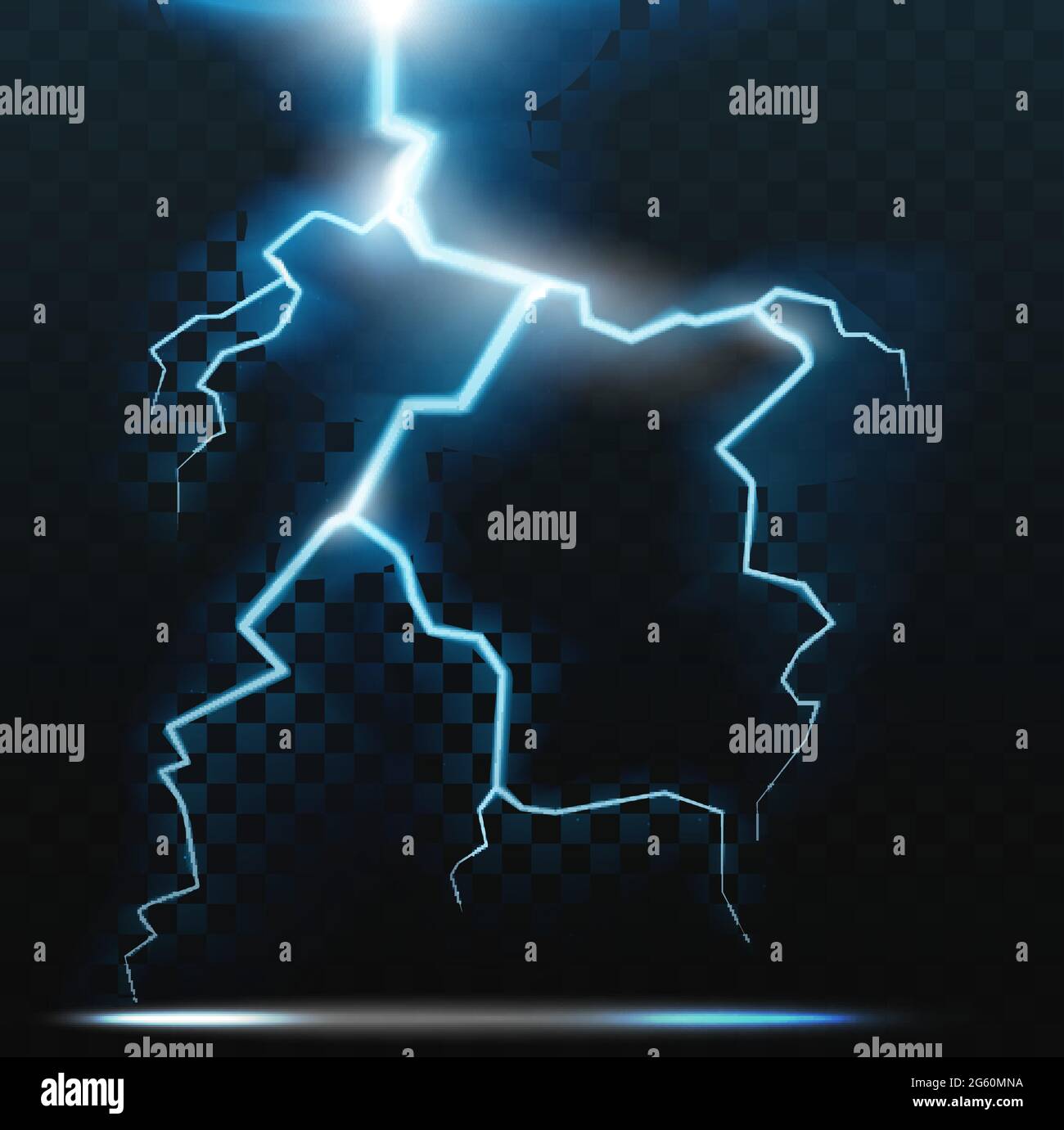 Éclair éclair éclair éclair éclair, réaliste orage électricité flash illustration. Lumière de danger lumineuse bleu électrique effet lumineux, néon abstrait rayons de choc à la nuit ciel orageux fond sombre Illustration de Vecteur