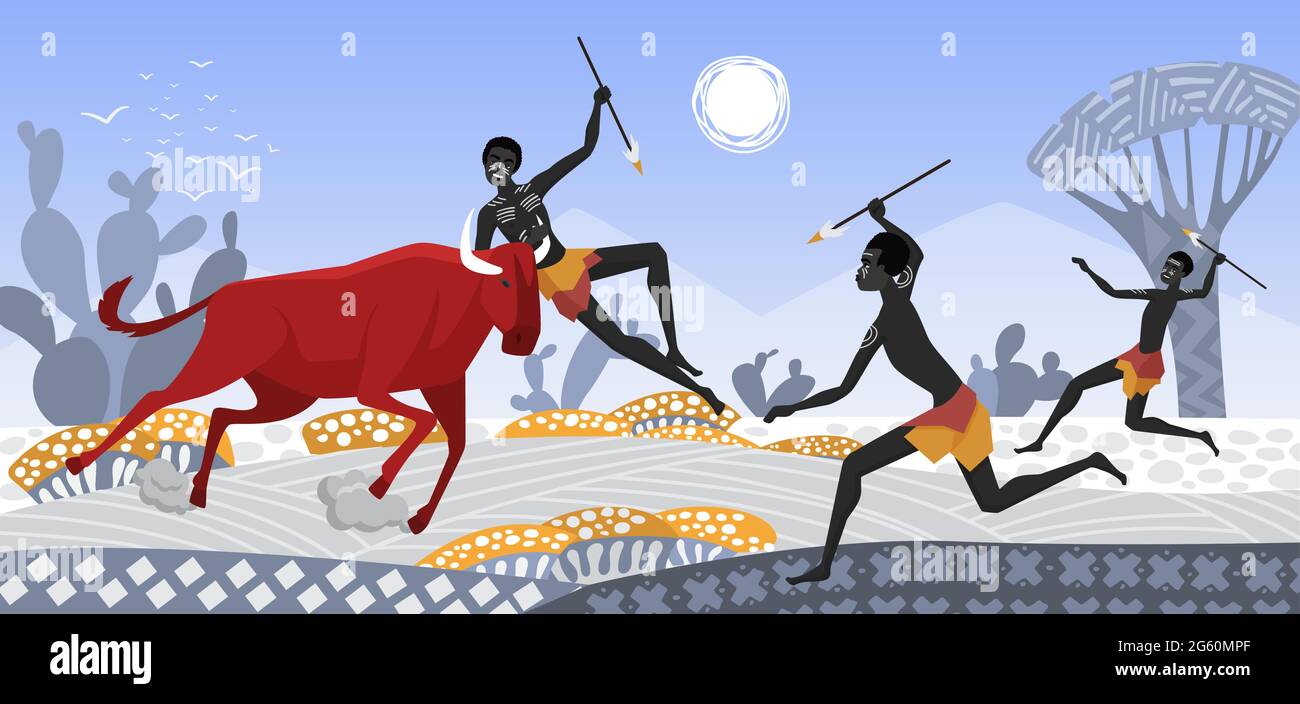 Les Africains chassent des animaux sauvages dans un paysage géométrique abstrait de l'illustration vectorielle de l'Afrique. Groupe de dessins animés de l'homme aborigin tribal guerrier chasseurs personnages chasse avec des lances dans les mains arrière-plan Illustration de Vecteur