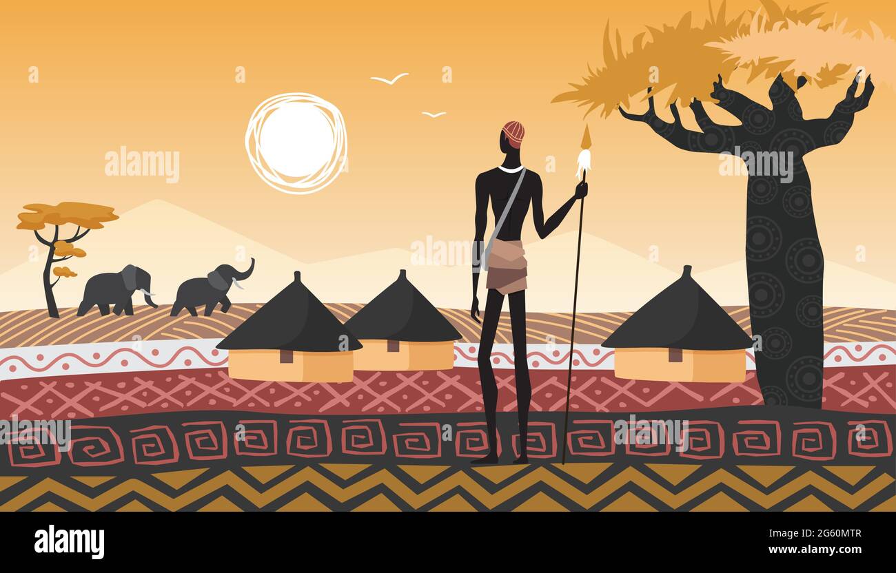 Illustration du paysage africain, village et vecteur du peuple africain. Homme de dessin animé aborigin avec lance debout près des maisons dans savane géométrique abstraite, soleil dans le ciel, arbres et animaux d'éléphant de fond Illustration de Vecteur