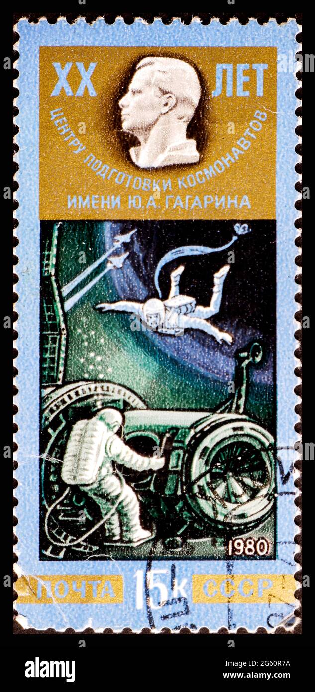 RUSSIE, URSS - VERS 1980: Timbre-poste de l'URSS montrant Interkosmos Yuri Alekseyevich Gagarin Banque D'Images