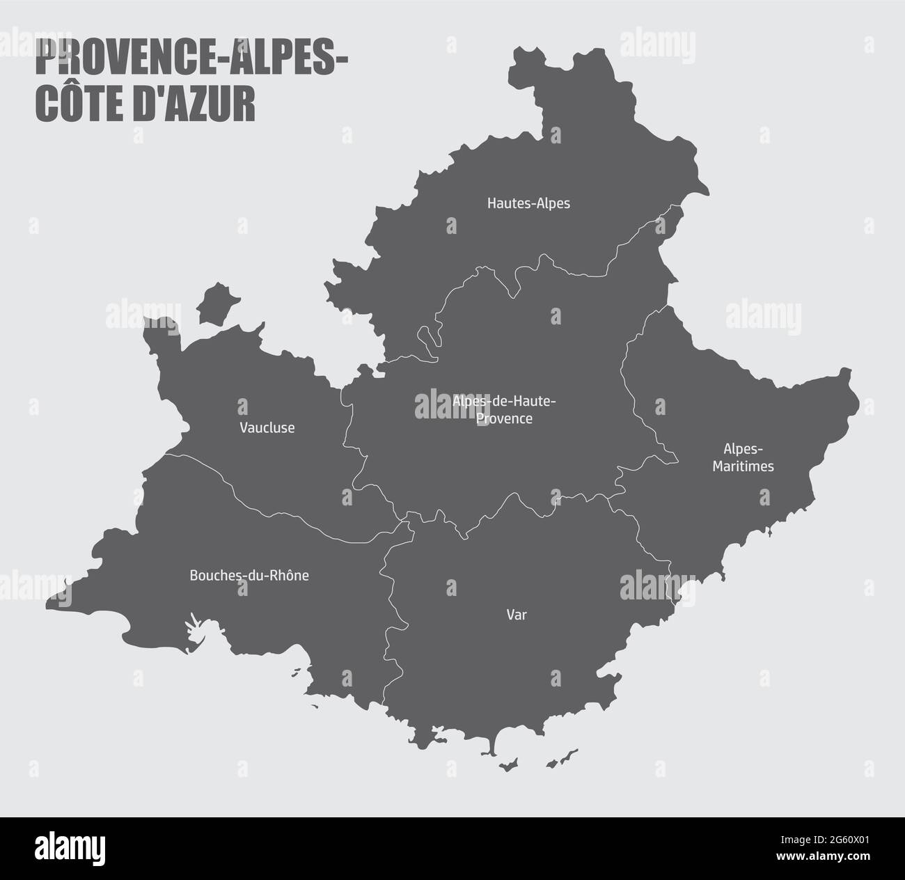 Carte administrative Provence-Alpes-Côte d'Azur divisée en départements avec labels, France Illustration de Vecteur