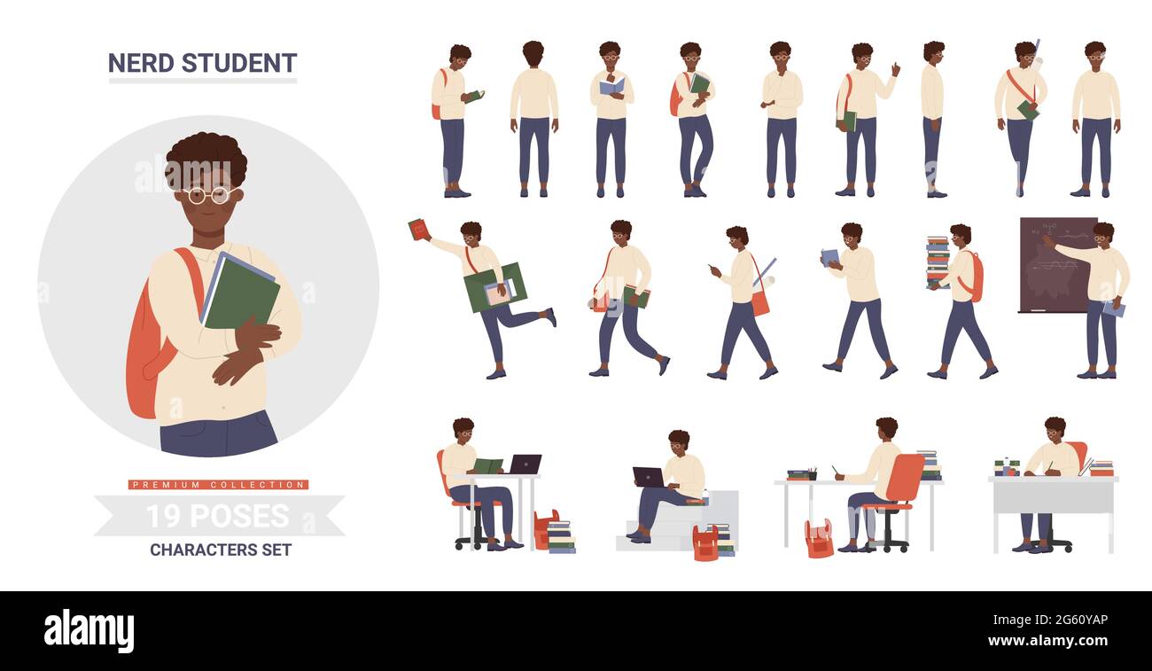 Afro-américain adolescent noir élève pose scénario jeu d'illustrations. Caricature intelligente et décontractée personnage de garçon avec des lunettes, un sac à dos et des livres étudiant et posant à l'avant isolé Illustration de Vecteur