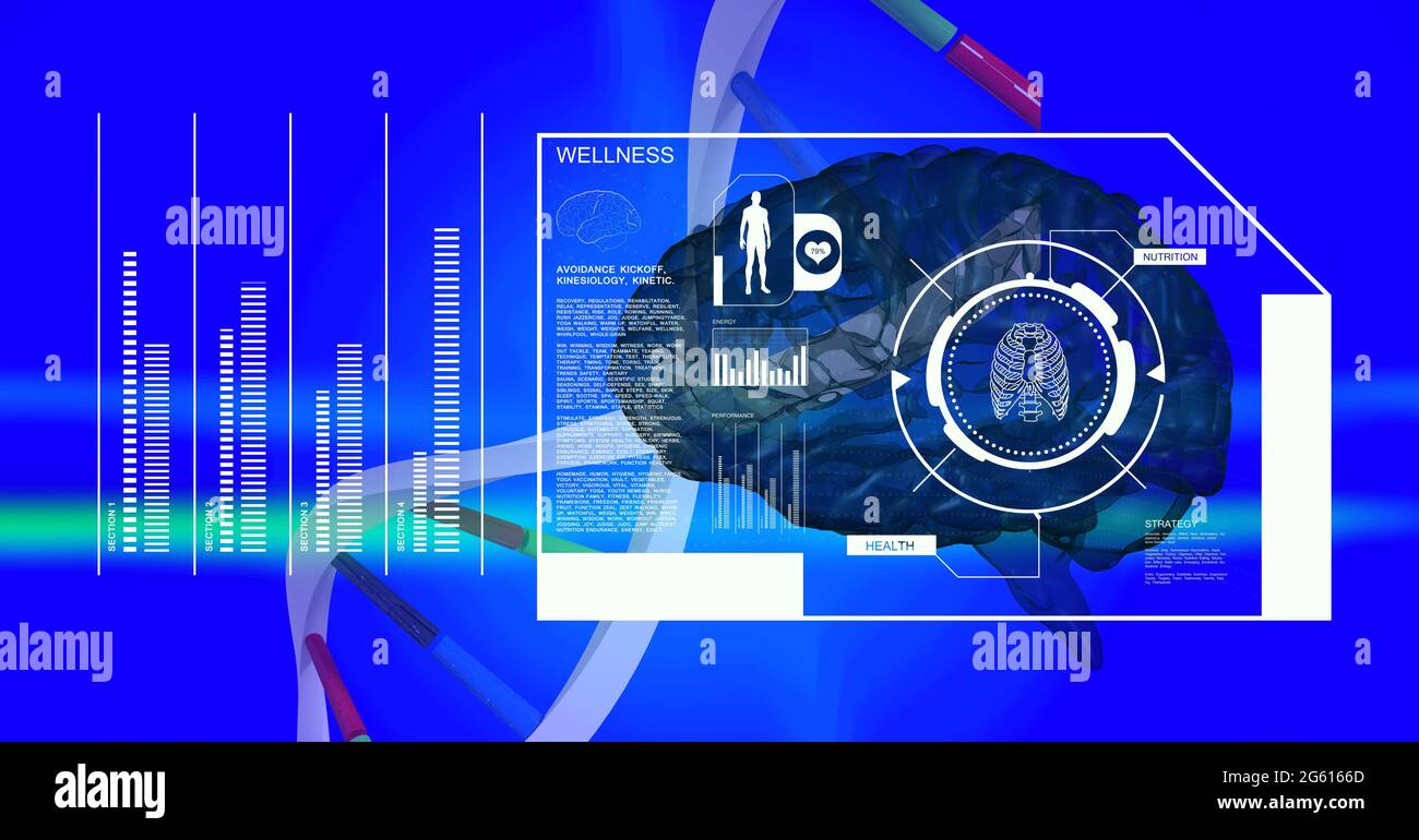 Traitement des données médicales sur la structure de l'adn et le cerveau humain sur fond de gradient bleu Banque D'Images
