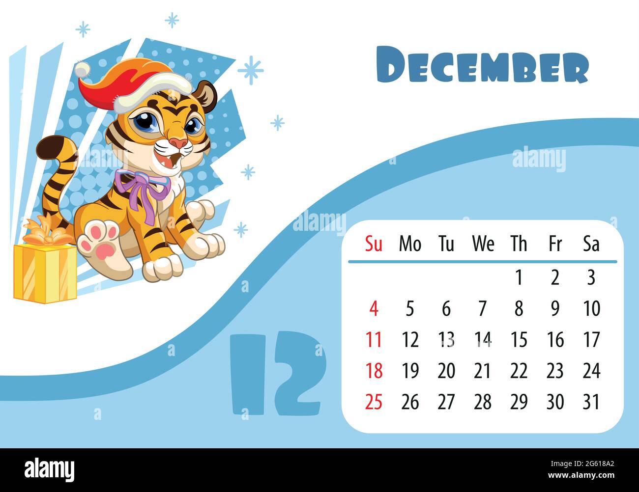 Conception horizontale de calendrier pour enfants de bureau pour décembre 2022, l'année du tigre dans le calendrier chinois. Mignon tigre cub avec flocons de neige et preux Illustration de Vecteur