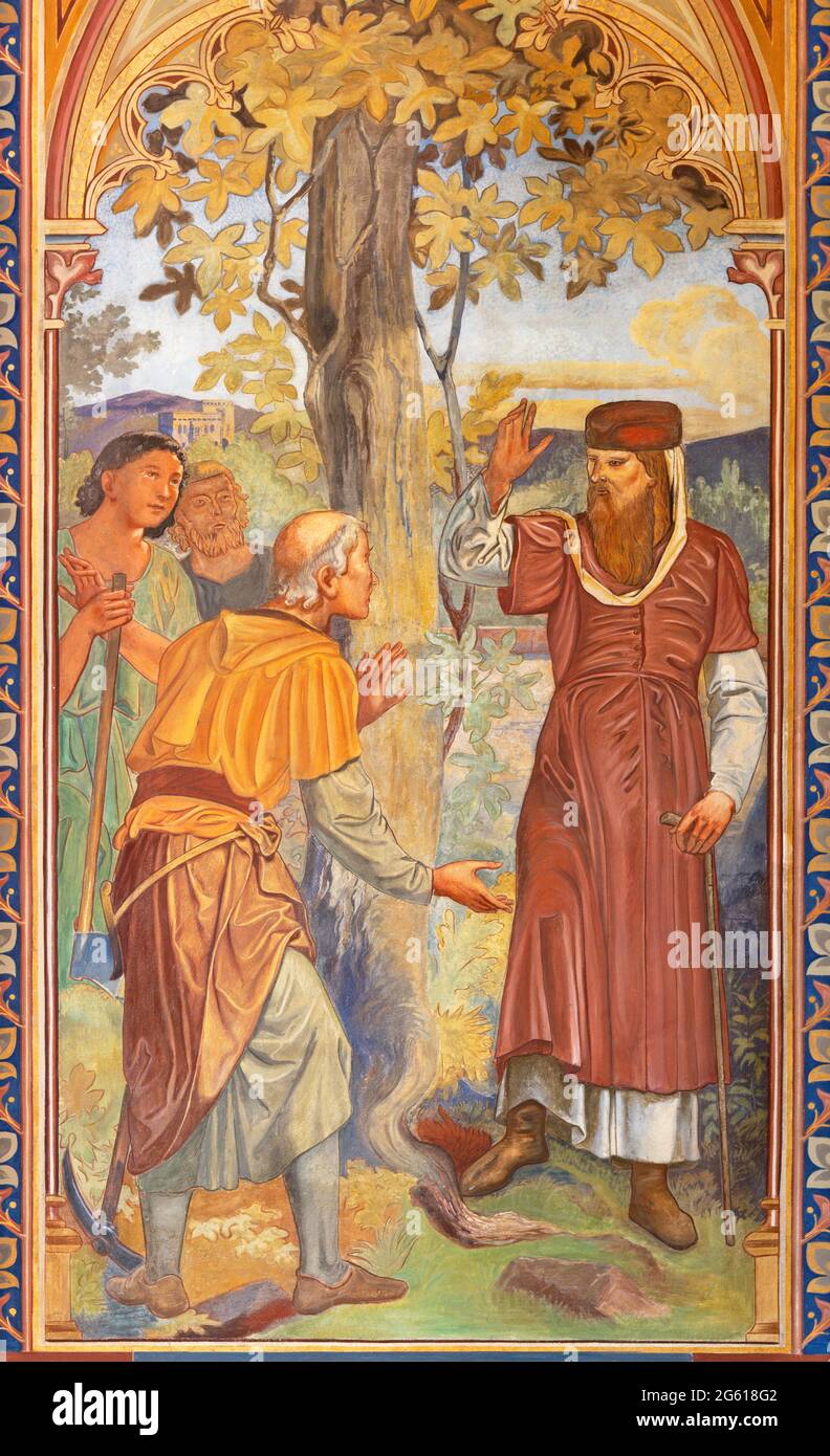 VIENNE, AUSTIRA - JUNI 24, 2021: La fresque de la parabole de l'arbre figuier dans l'église Votivkirche par les frères Carl et Franz Jobst (moitié sc de 19. Banque D'Images