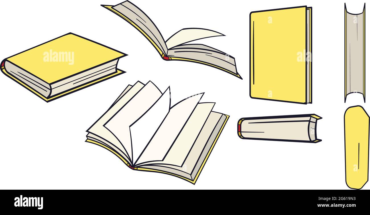 Grand ensemble de livres jaunes tirés à la main de différents angles. Illustration de livre jaune pour les petits enfants. Illustration de Vecteur