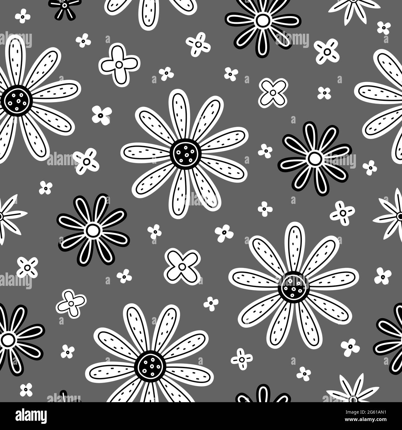 Fleurs vectorielles blanches et noires sur fond gris. Motif fleuri sans couture Illustration de Vecteur
