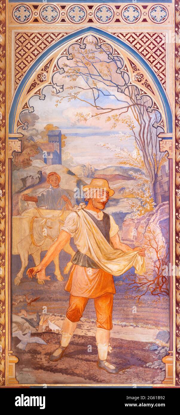 VIENNE, AUSTIRA - JUNI 24, 2021: La fresque de la parabole de la sarcelle dans l'église Votivkirche par les frères Carl et Franz Jobst (sc. Moitié de 19. Cent.) Banque D'Images