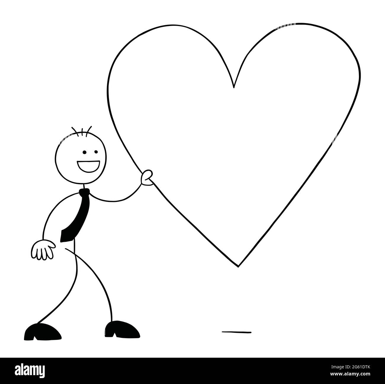 Stickman homme d'affaires personnage marchant et tenant le symbole grand coeur, illustration de dessin animé vecteur. Contour noir et couleur blanche. Illustration de Vecteur