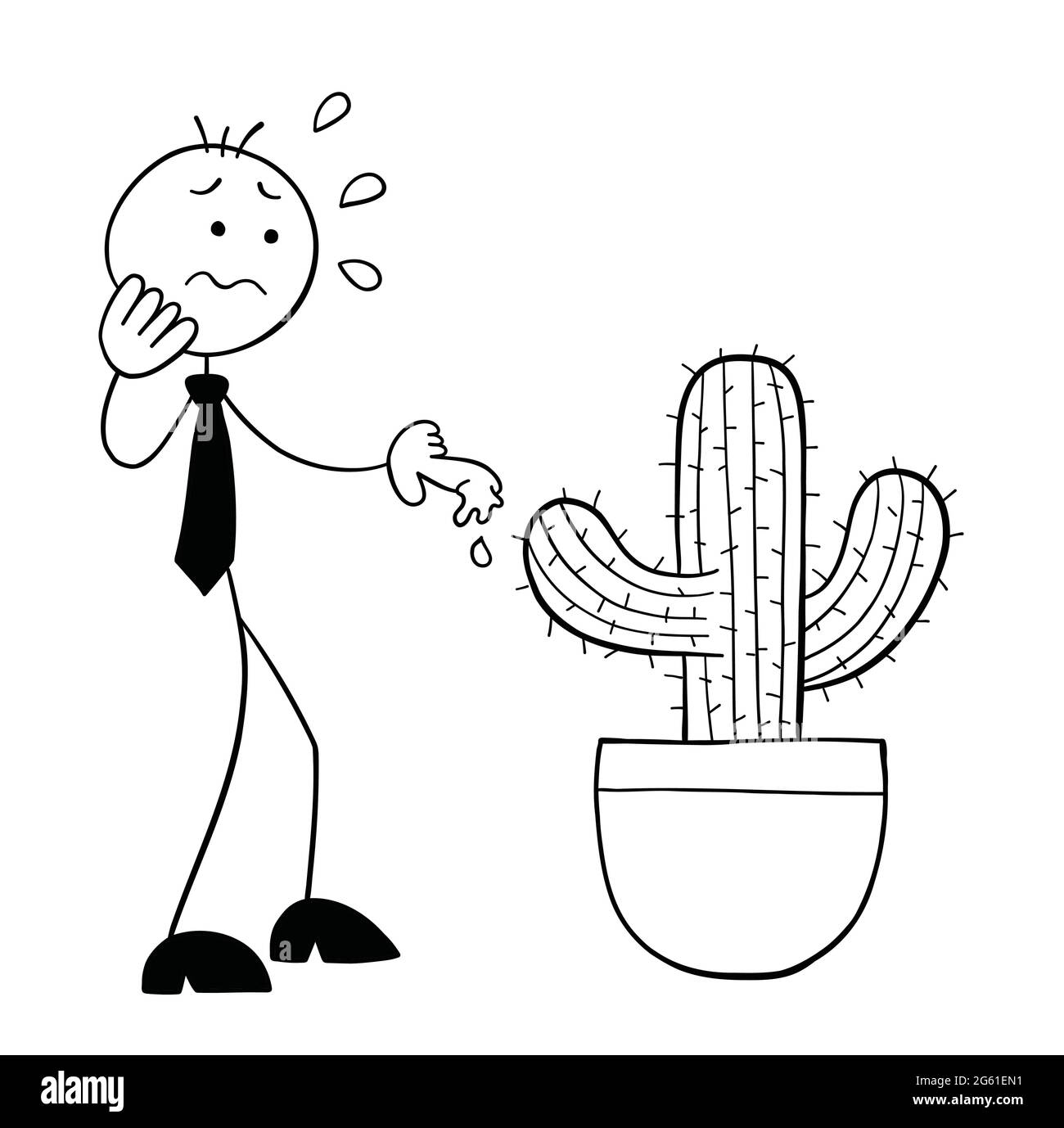 Le personnage d'homme d'affaires de stickman touche l'épine de cactus et ses touches de doigt, illustration de dessin animé vectoriel. Contour noir et couleur blanche. Illustration de Vecteur