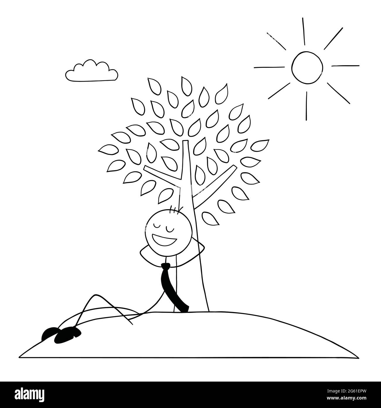 Stickman homme d'affaires personnage penché contre un arbre et se reposant au soleil, illustration de dessin animé vectoriel. Contour noir et couleur blanche. Illustration de Vecteur