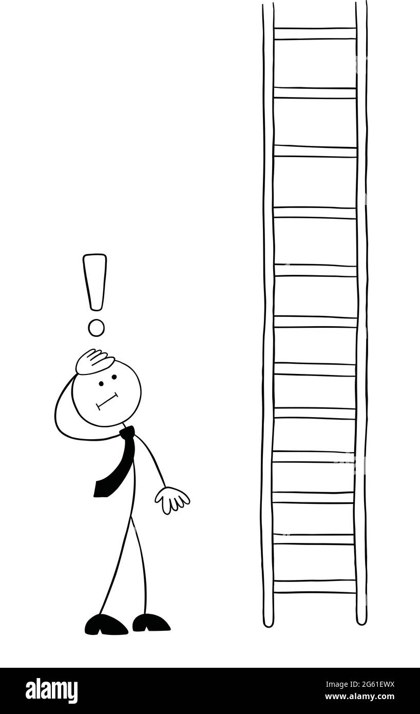 Stickman homme d'affaires personnage regardant la très longue échelle en bois et inquiet, vecteur dessin animé illustration. Contour noir et couleur blanche. Illustration de Vecteur