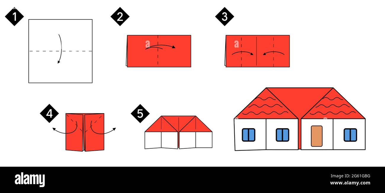 Étape par étape comment faire maison d'origami. Illustration des instructions de couleur de ligne de noir vectoriel. Bricolage. Illustration de Vecteur