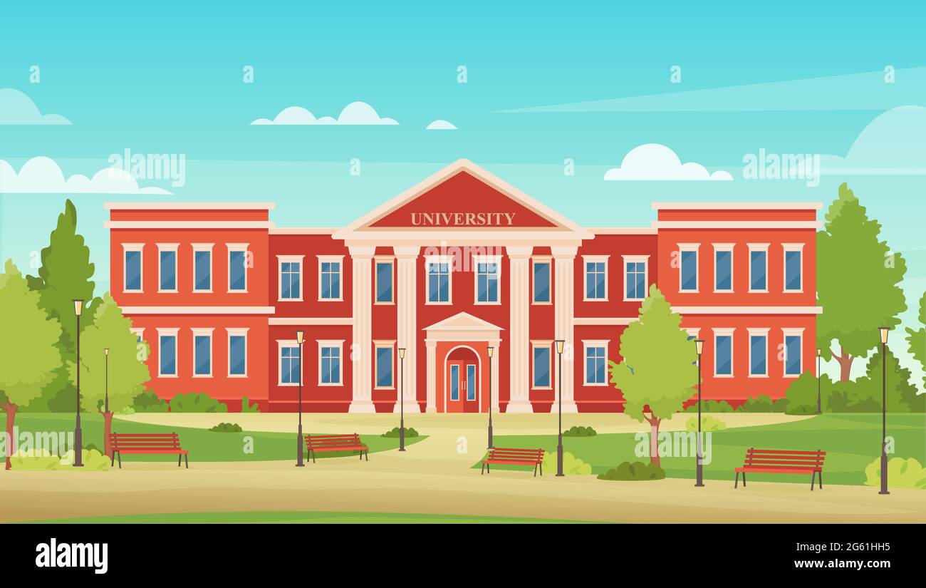 Caricature urbaine avec façade de campus universitaire ou académie pour étudiants, entrée à la bibliothèque, école secondaire ou université Illustration de Vecteur