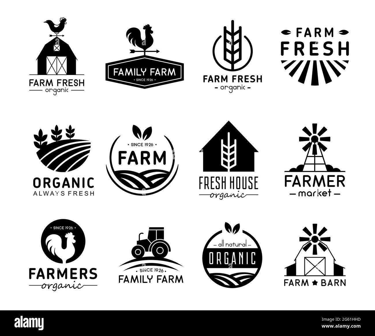 Ensemble d'illustrations vectorielles de logos et d'étiquettes de produits biologiques. Logos de ferme, collection de logotypes alimentaires frais et sains isolés sur fond blanc. Illustration de Vecteur Ensemble d'illustrations vectorielles de logos et d'étiquettes de produits biologiques. Logos de ferme, collection de logotypes alimentaires frais et sains isolés sur fond blanc. Illustration de Vecteur