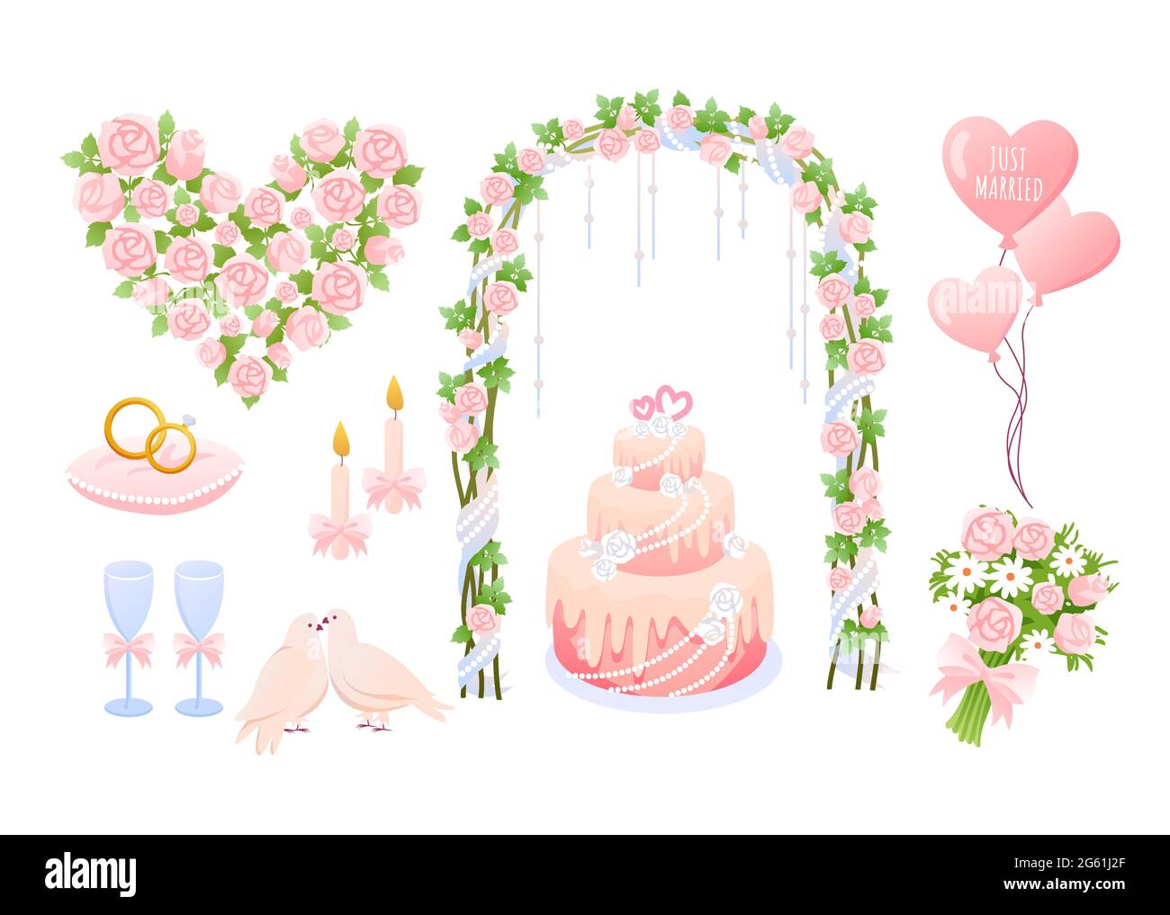 Collection de décorations de mariage rose de dessin animé avec ballons en forme de coeur, anneaux de bijoux de marié de mariée, oiseaux de colombe, gâteau et bouquet de fleurs décoratives Illustration de Vecteur