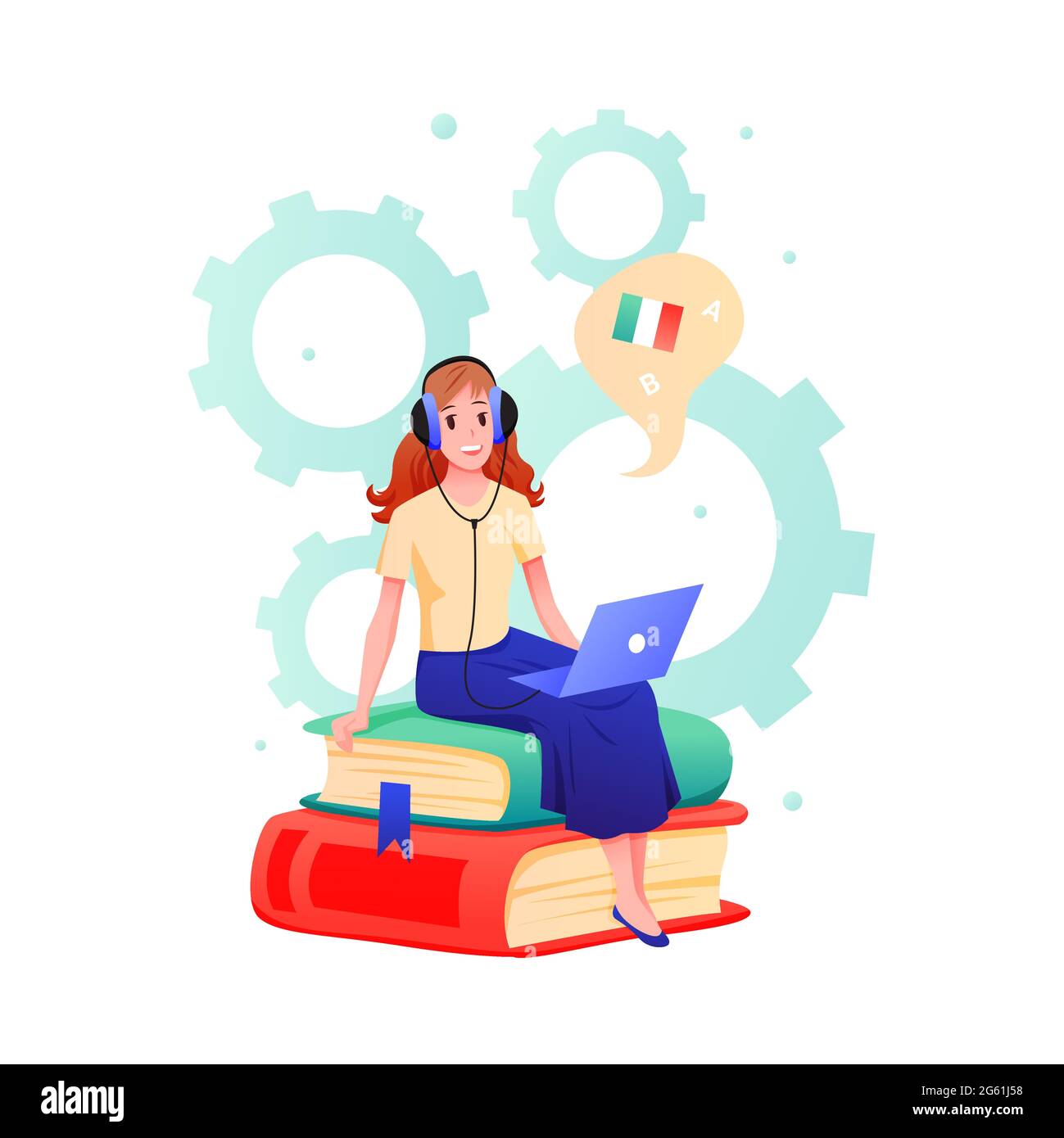 La jeune femme apprend la langue étrangère dans un cours en ligne ou dans une illustration de vecteur scolaire. Personnages de dessin animé d'étudiants dans des écouteurs assis sur des piles de Illustration de Vecteur