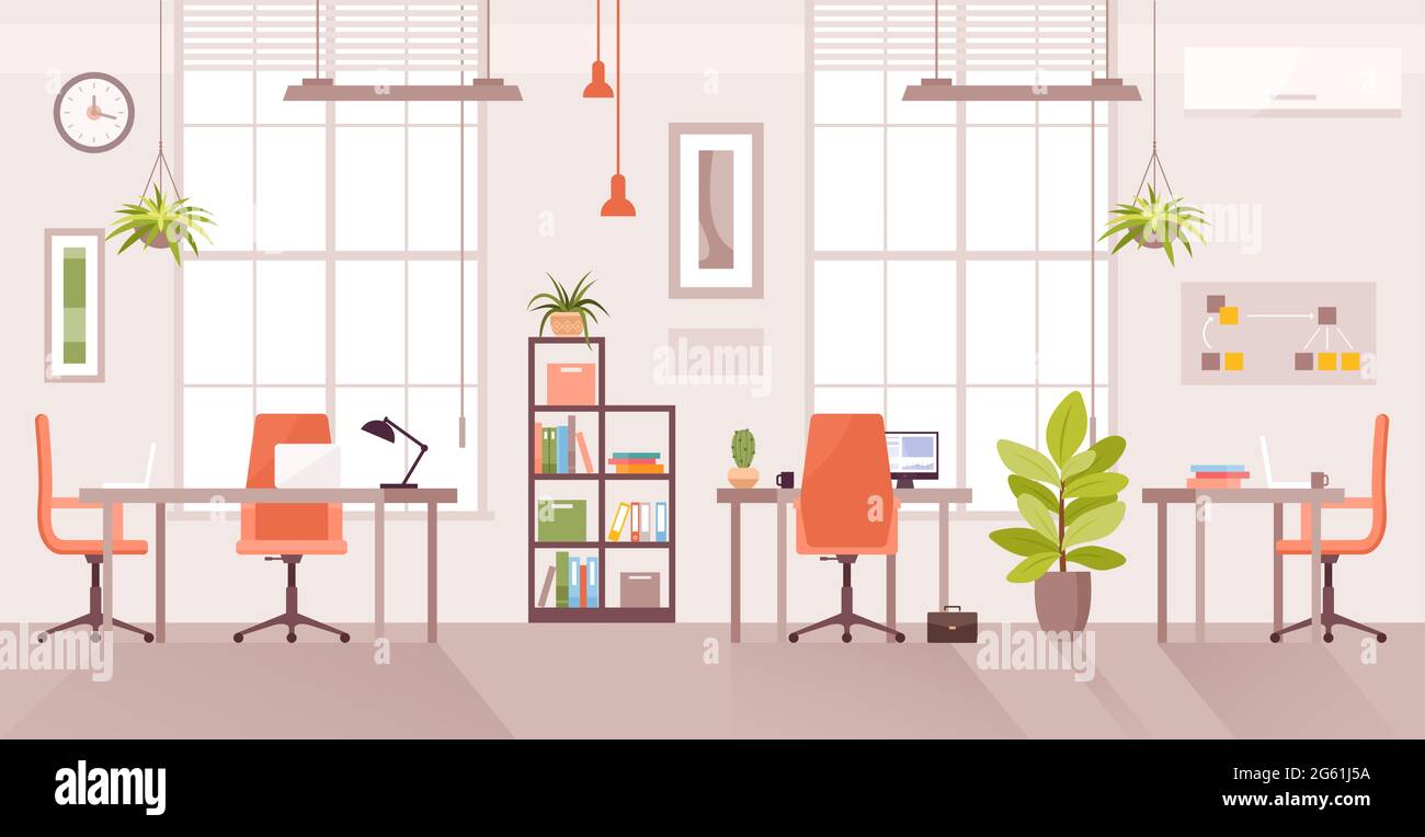 Illustration vectorielle sur le lieu de travail de bureau, intérieur de la salle d'entreprise moderne et à écran plat, table de bureau pour les employés travaillant avec un ordinateur ou un ordinateur portable Illustration de Vecteur