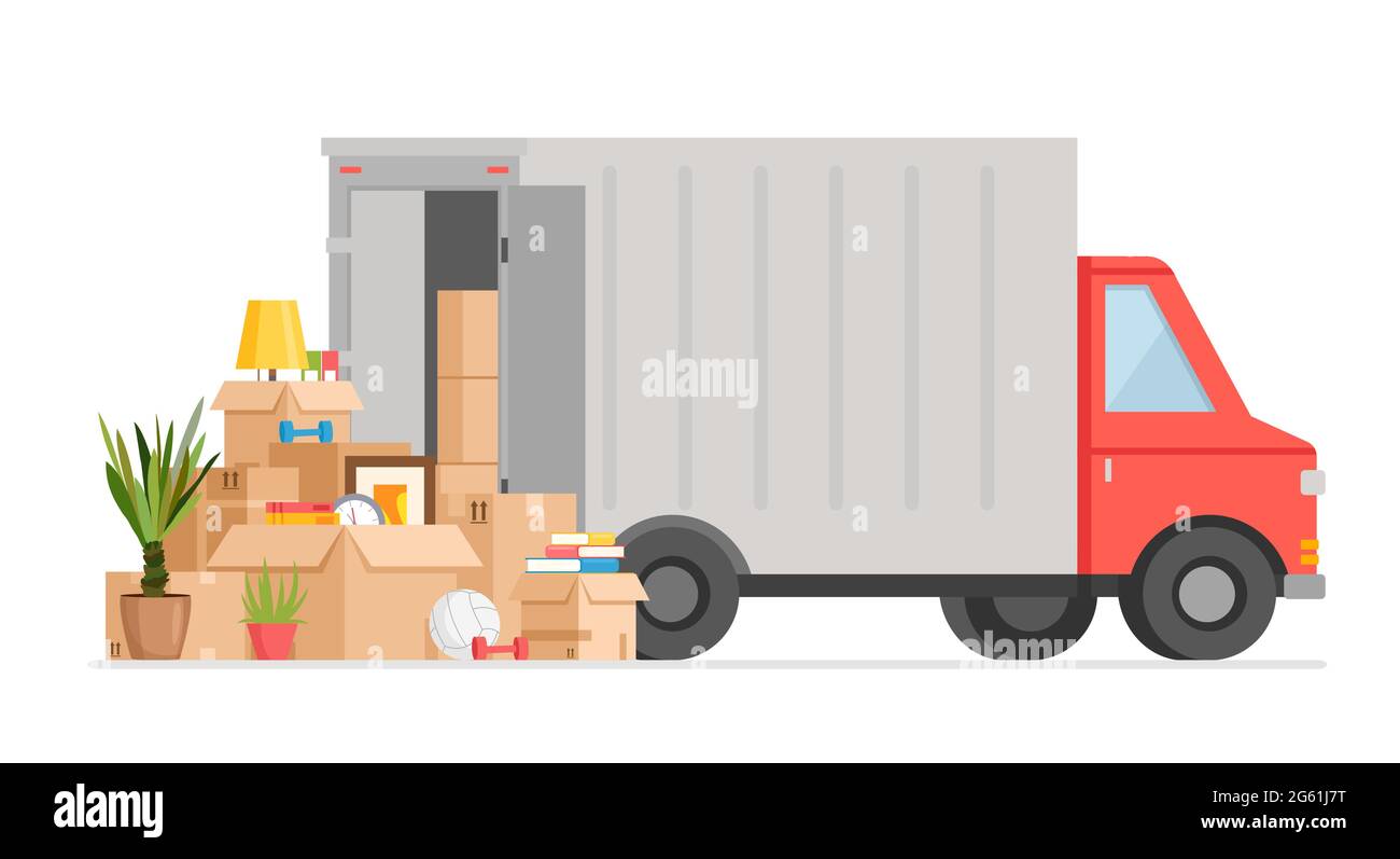 Livraison de boîte par camion illustration vectorielle, caricature chariot plat livre des boîtes de marchandises, des colis avec des choses à la maison, service de transport Illustration de Vecteur