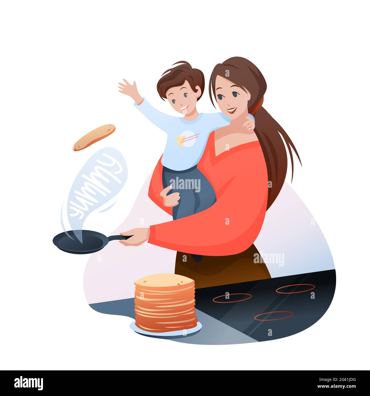 Mère temps avec son concept vecteur illustration, dessin animé plat joli personnage de maman faisant la nourriture de petit déjeuner de famille, la cuisson des crêpes délicieuses Illustration de Vecteur