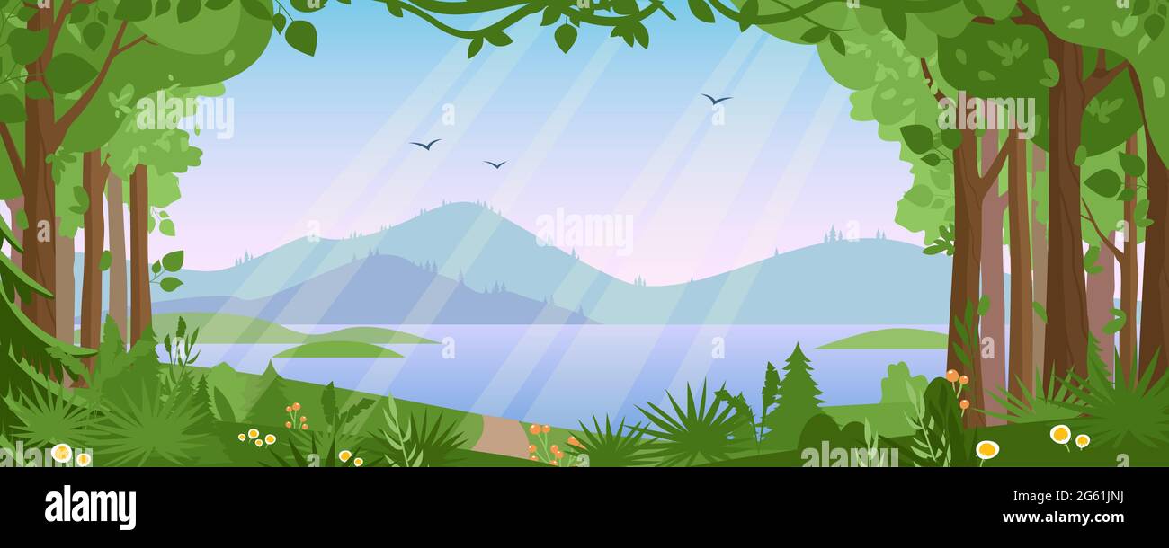 Paysage de montagne avec illustration de vecteur de forêt d'été, dessin animé campagne plat belle nature avec arbres verts, rivière eau de lac, silhouettes Illustration de Vecteur