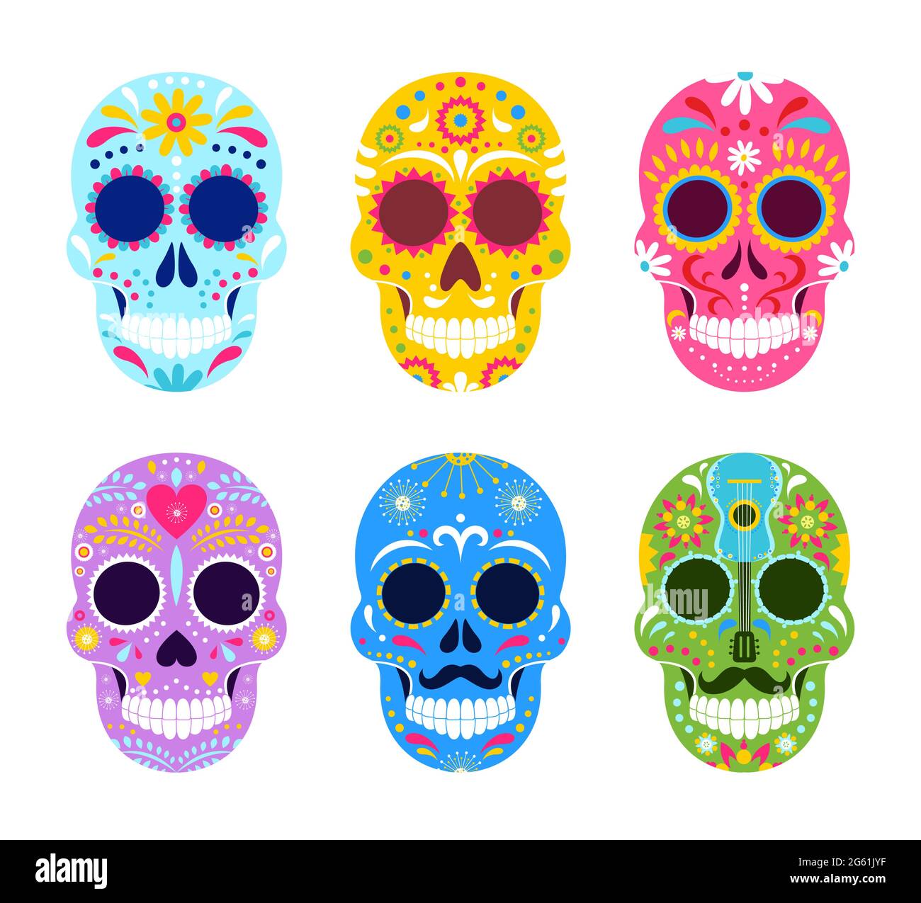 El dia de Muertos, illustrations vectorielles de la fête mexicaine des morts. Dessin animé art traditionnel folklorique ornement sur crânes morts du Mexique, sombrero et guitare Illustration de Vecteur