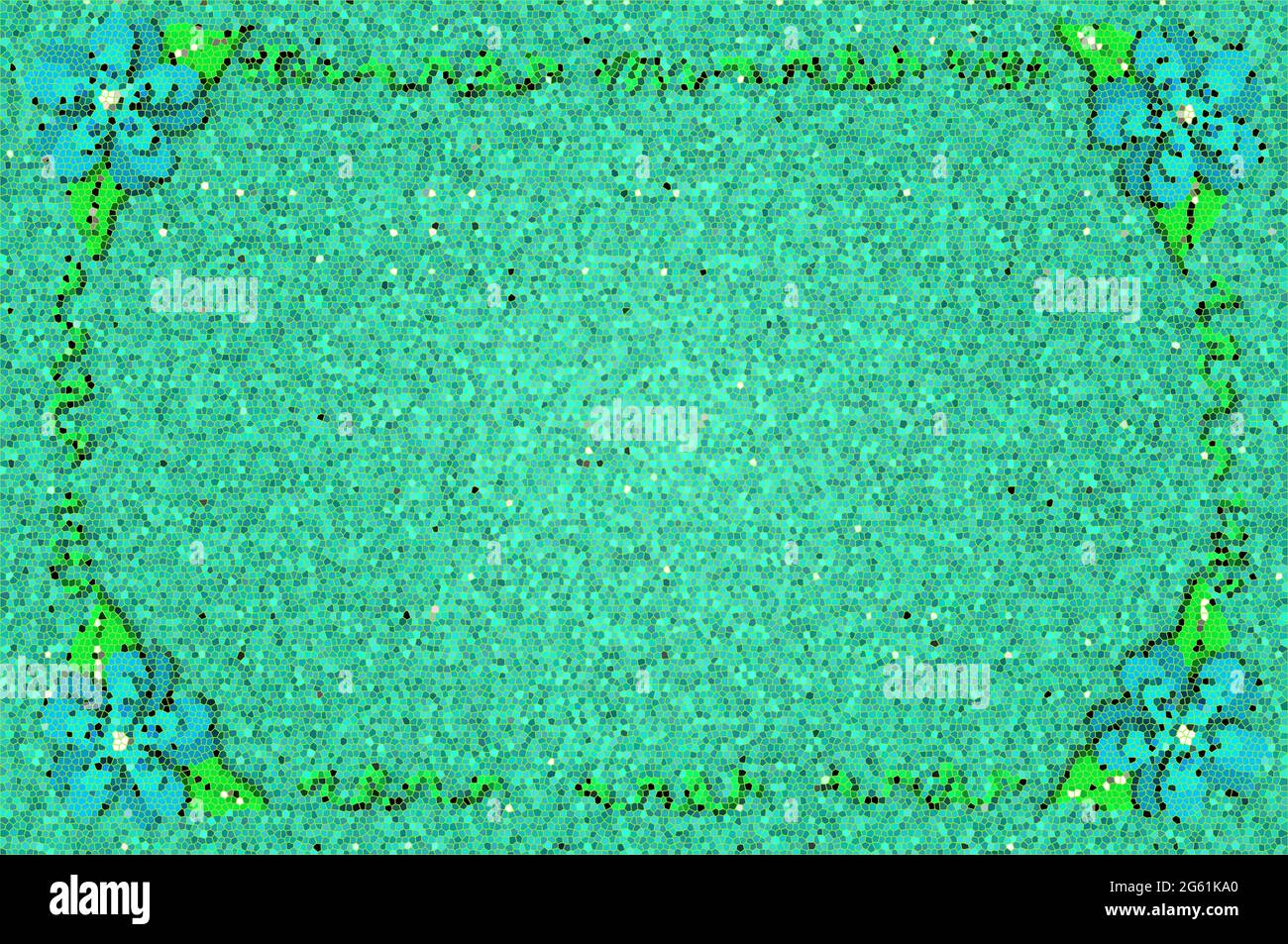 Les tuiles de mosaïque forment l'image des fleurs bleu et aqua, avec des feuilles et des vignes formant un cadre de mosaïque. Banque D'Images