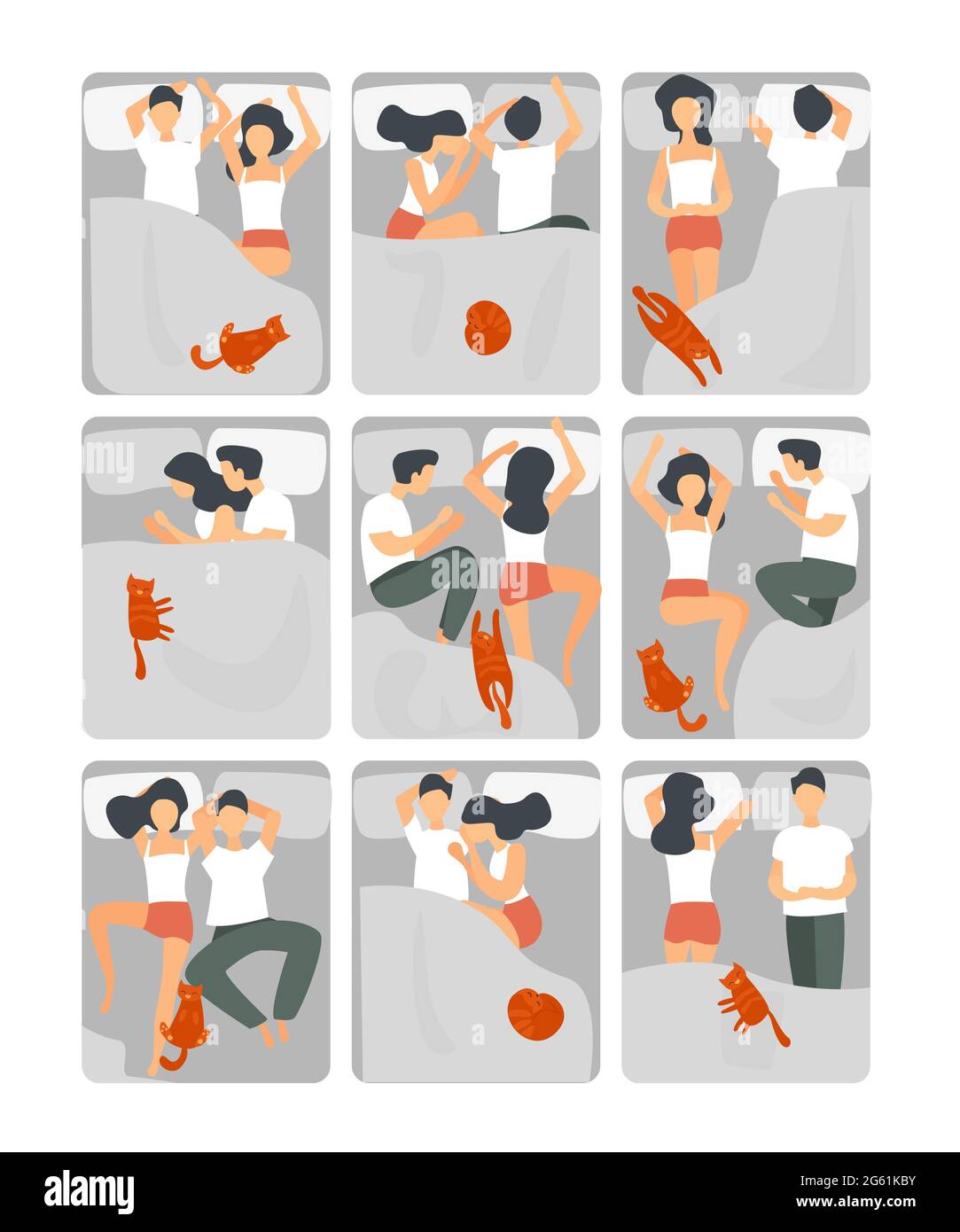 Dormez dans le lit à la nuit illustration vectorielle, homme de dessin animé femme adulte couple personnes mariées et animal de chat dormir ensemble, chambre à coucher plate ensemble de vue de dessus Illustration de Vecteur