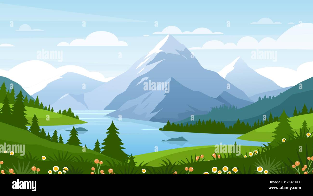 Caricature plate panorama du printemps été belle nature, prairie verte avec fleurs, forêt, pittoresque lac bleu, montagnes à l'horizon Illustration de Vecteur