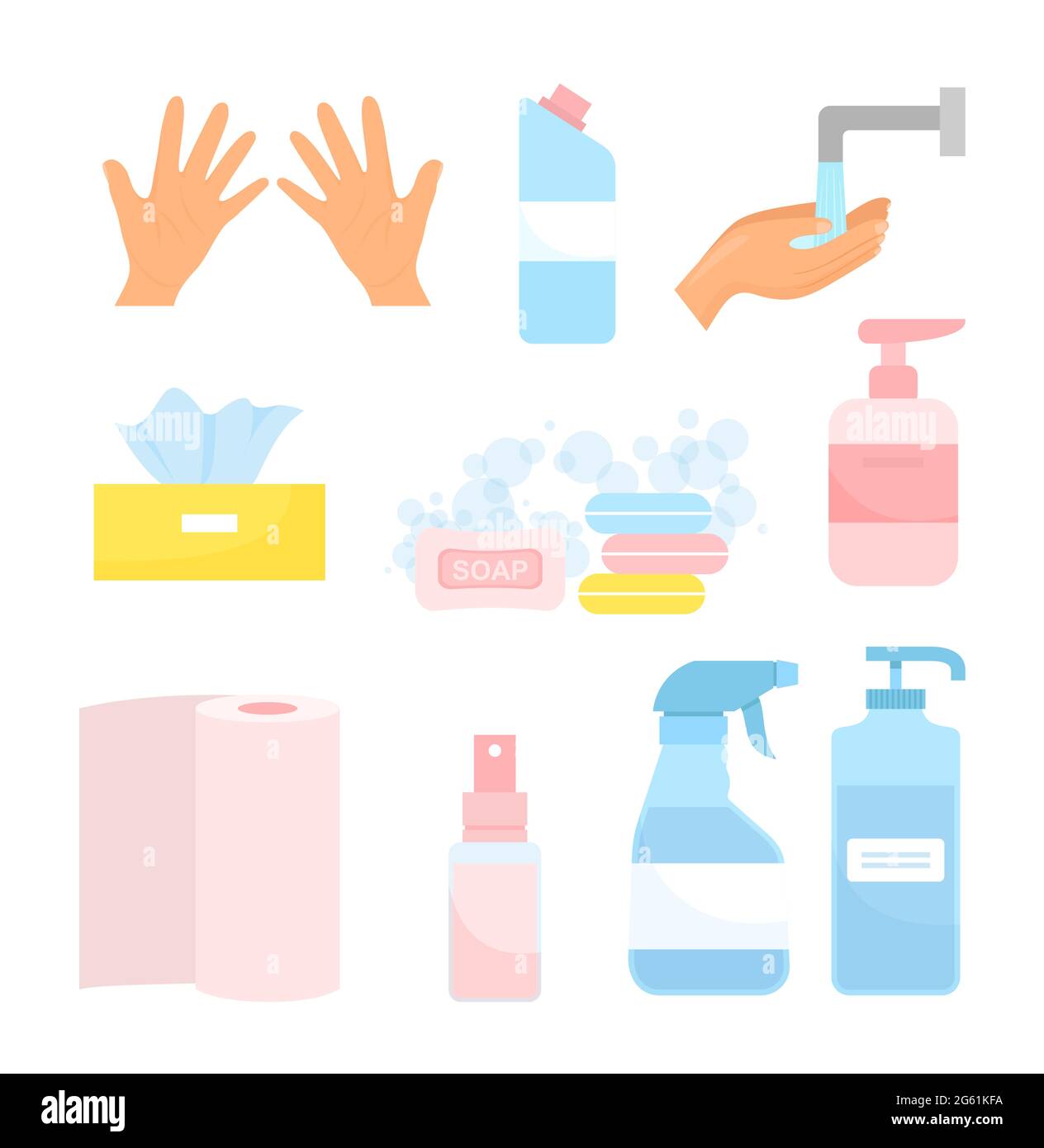 Laver les mains illustration vectorielle, dessin animé plat icône d'hygiène ensemble avec savon nettoyant, pulvérisateur de désinfectant dans le flacon, désinfecter le gel de nettoyage isolé sur blanc Illustration de Vecteur