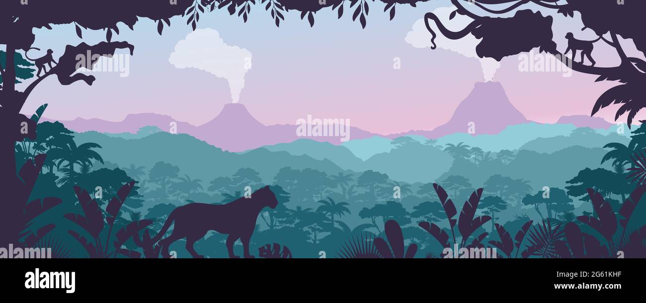 Jungle tropicale, illustration vectorielle de paysage forestier, dessin animé de nature plate des tropiques, panorama avec jaguar et animal singe en arrière-plan de la forêt tropicale Illustration de Vecteur