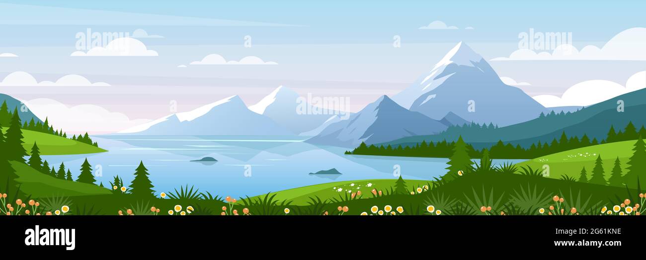 Lac montagne paysage illustration vectorielle, dessin animé panorama plat du printemps été belle nature, prairie verte avec fleurs fond Illustration de Vecteur