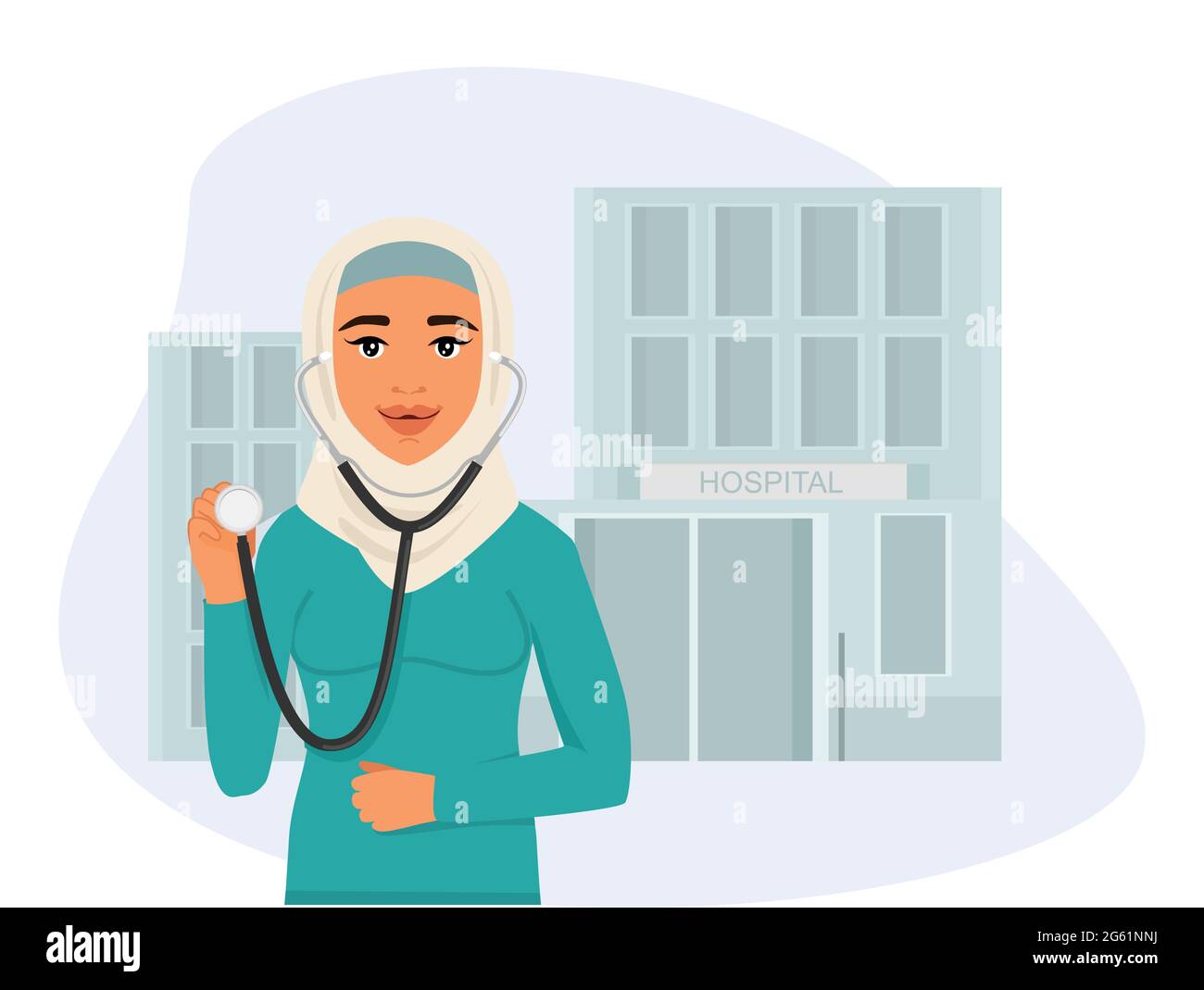 Musulman arabe travailleur médical, le médecin tient un stéthoscope entre ses mains. L'hôpital est en arrière-plan. Traitement de virus et de grippe et Illustration de Vecteur