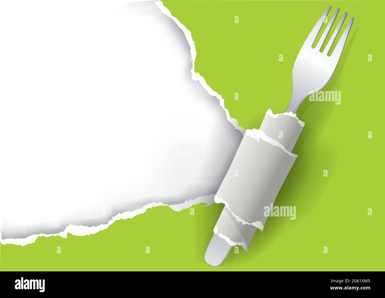 Restaurant végétarien fond de menu, papier déchiré. Illustration de papier déchiré vert avec fourchette. Place pour notre texte ou image. Vecteur disponible. Illustration de Vecteur