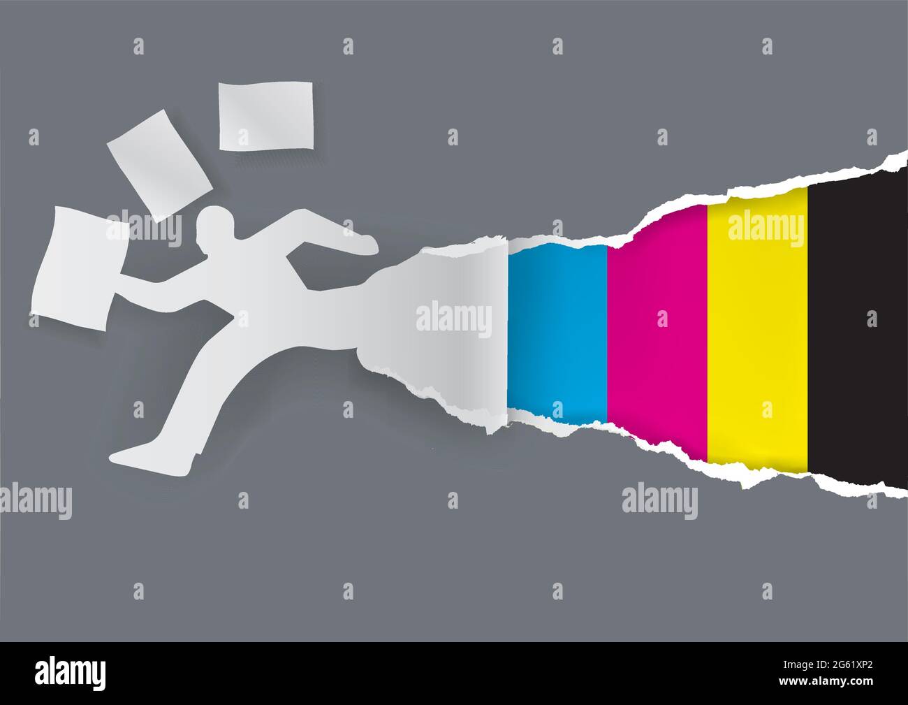 Impression rapide, concept de papier cmjn. Silhouette d'homme de papier avec des documents volants déchirant le papier avec des couleurs CMJN. Vecteur disponible. Illustration de Vecteur