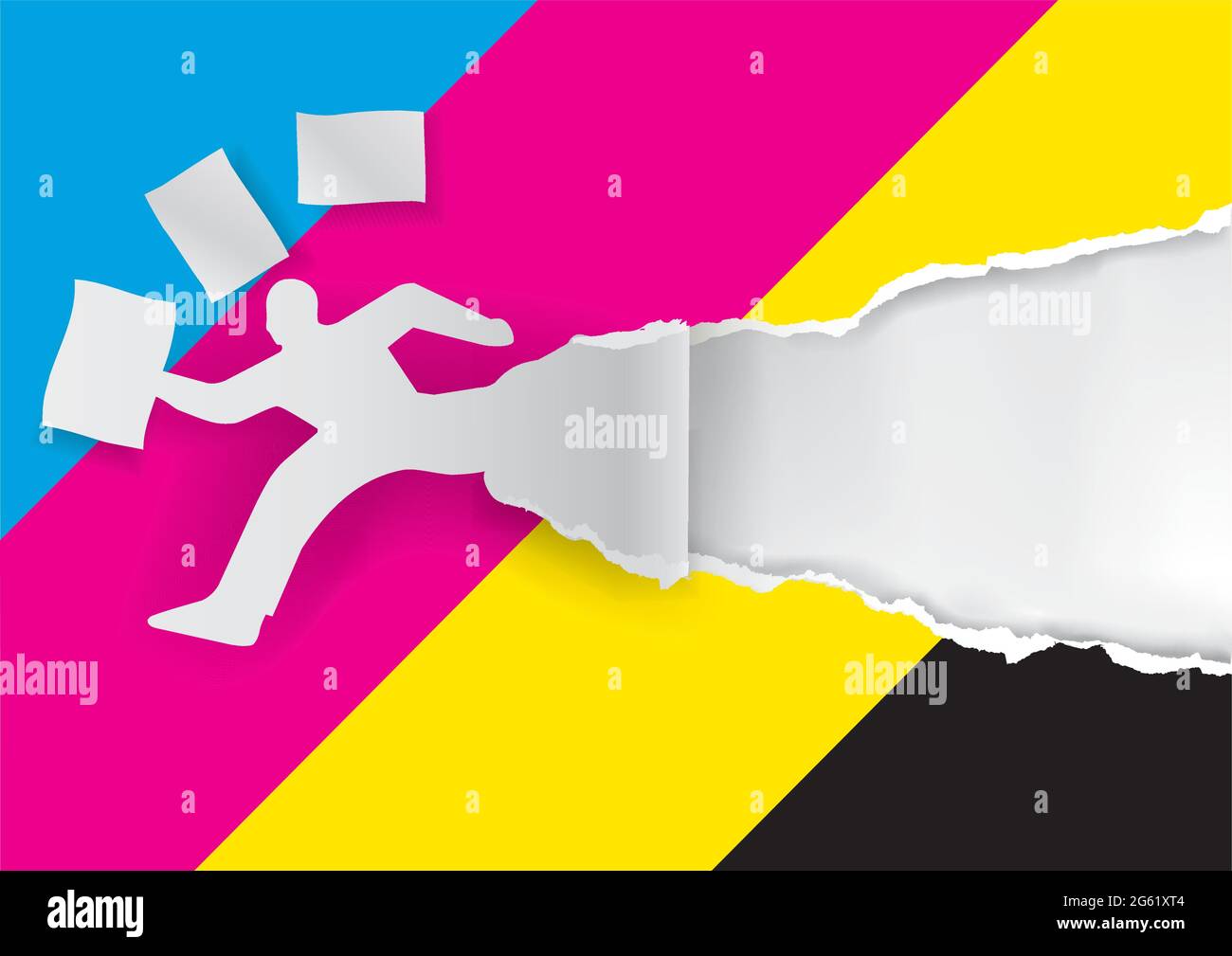 Impression rapide, concept de papier cmjn. Silhouette d'homme de papier avec des documents volants déchirant le papier avec des couleurs CMJN. Vecteur disponible. Illustration de Vecteur
