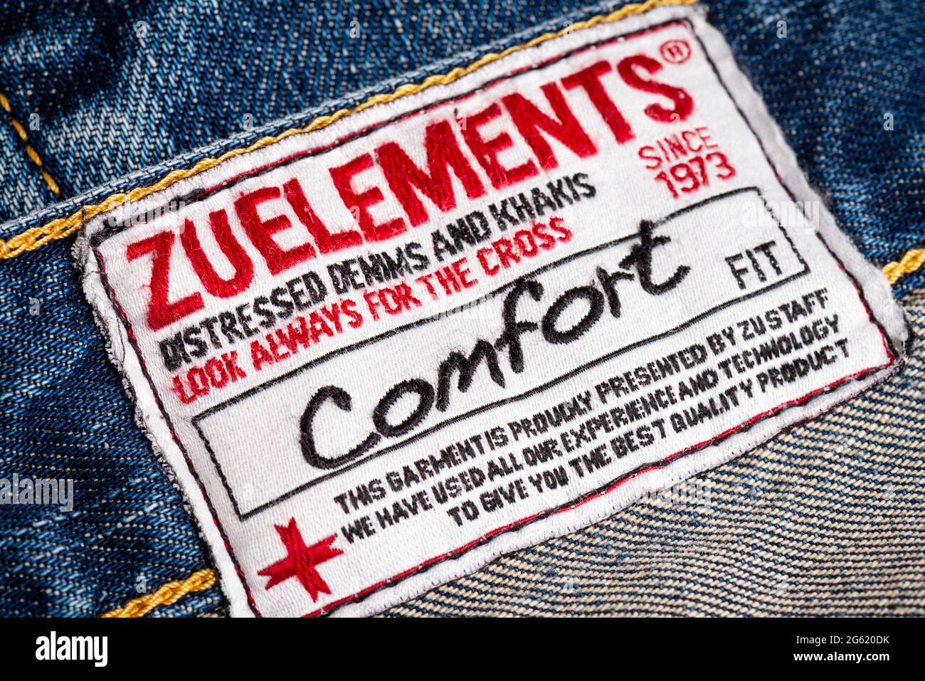 ZU+Elements denim décontracté Jean intérieur étiquette de vêtements Banque D'Images