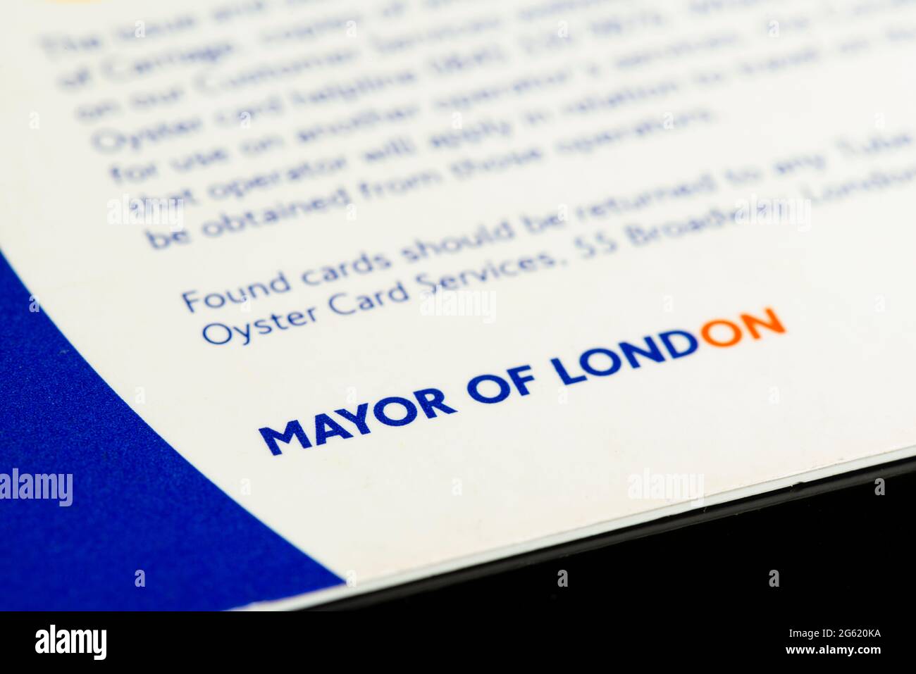 Le maire de Londres écrit sur Oyster Card, Londres, Royaume-Uni Banque D'Images