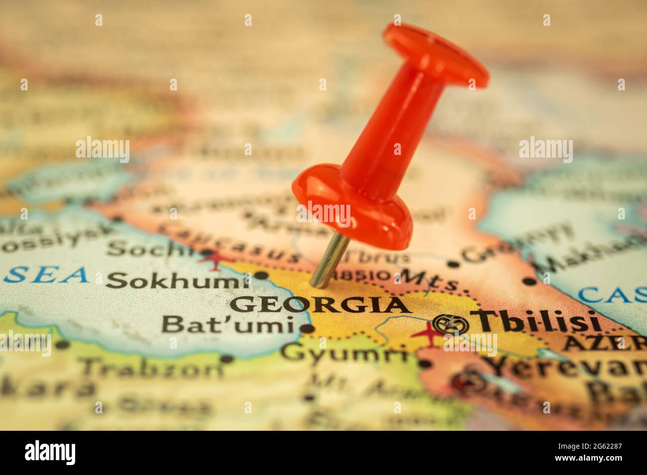 Emplacement Géorgie, carte de voyage avec gros plan du marqueur à punaise Banque D'Images