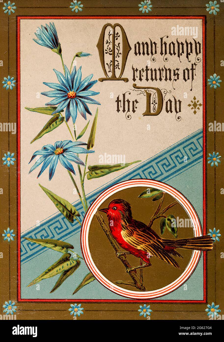 Vintage Retro Joyeux Anniversaire Enfants Meilleurs Voeux Carte Postale Fleurs Oiseau Beaucoup Heureux Retours De La Journee Photo Stock Alamy