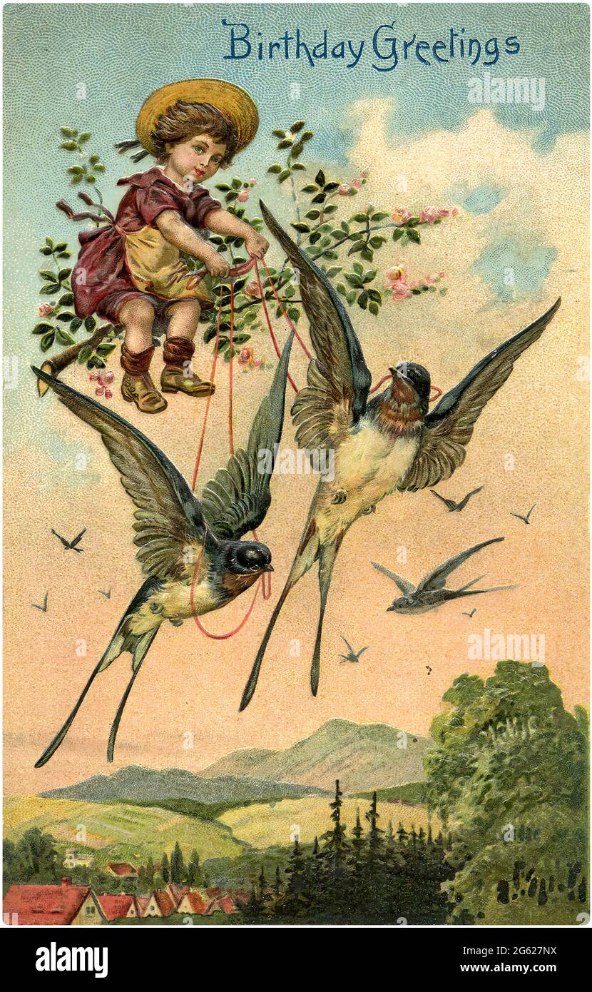 Vintage Retro Joyeux Anniversaire Enfants Meilleurs Voeux Carte Postale Fleurs Jeu Oiseaux Ciel Photo Stock Alamy
