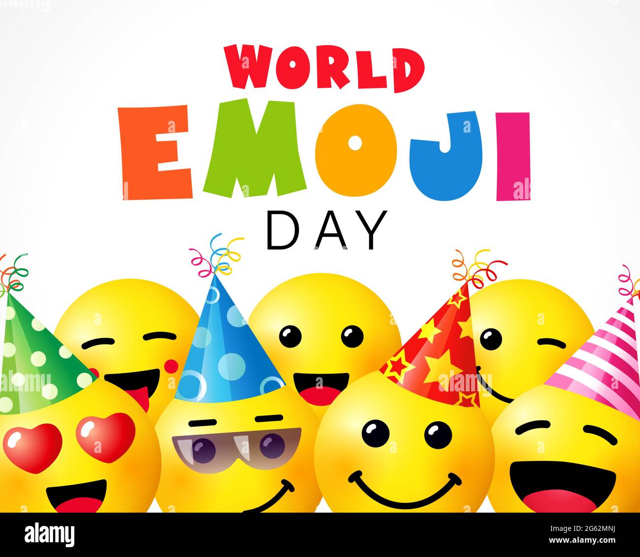 Journée mondiale Emoji, modèle d'arrière-plan sourire. 17 juillet, texte de la Journée mondiale de l'émoticône avec icône adorable dans un chapeau de fête sur fond blanc vide carte vectorielle Illustration de Vecteur