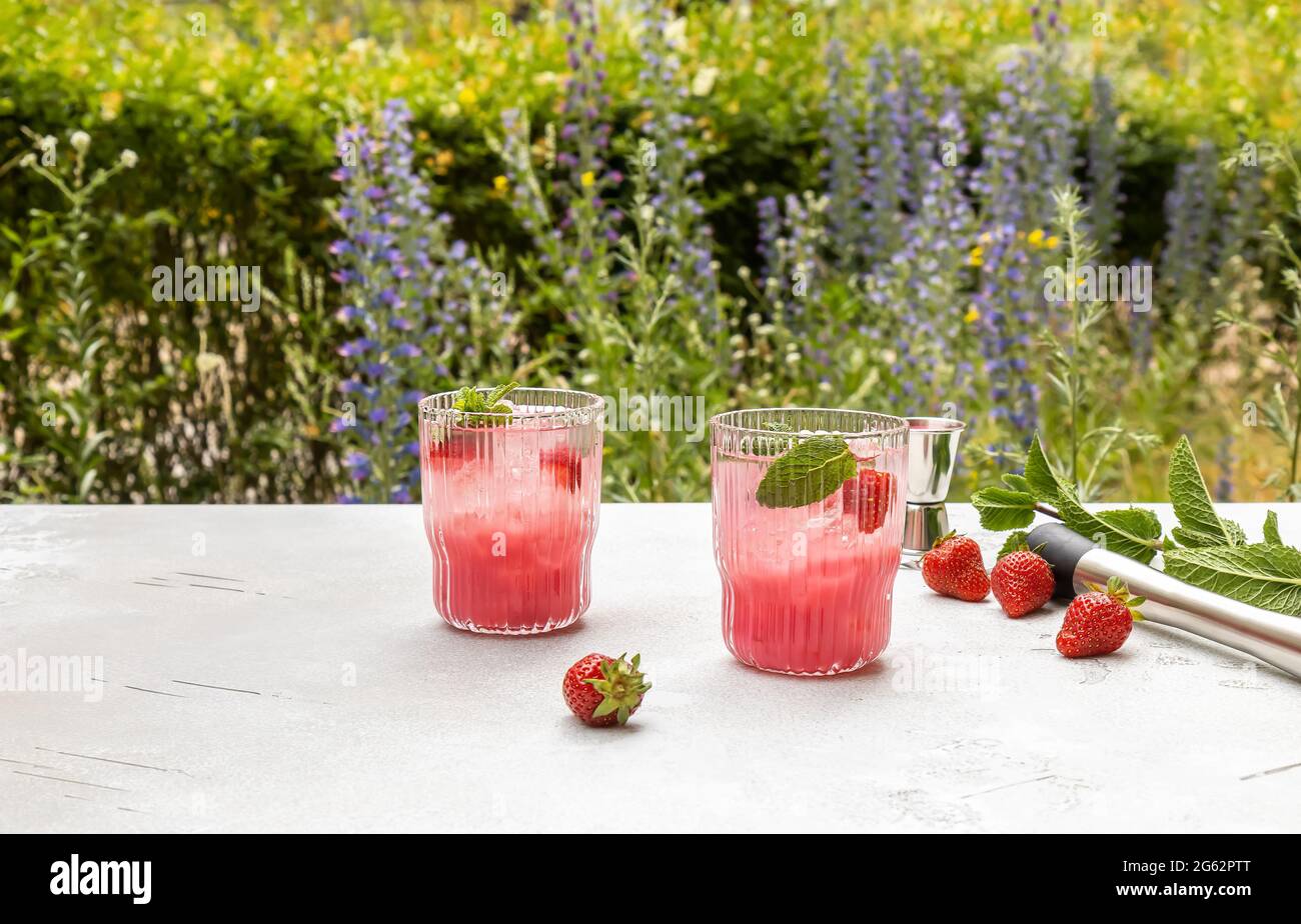 Froid, fraise ou cocktail à la menthe, glaçons devant le jardin. Banque D'Images