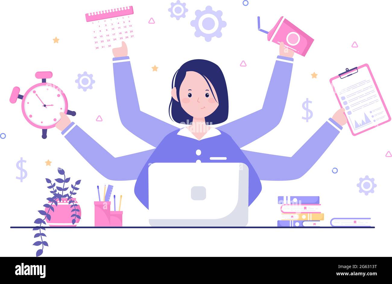 Multitâche femme d'affaires ou employé de bureau comme secrétaire entouré de mains avec tenir chaque travail dans le lieu de travail. Illustration vectorielle Illustration de Vecteur