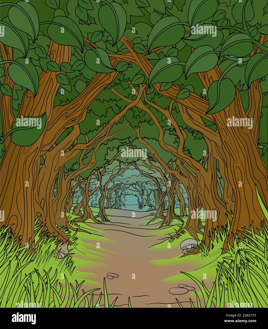 Arrière-plan de la forêt tunnel des arbres forestiers de conte de fées Illustration de Vecteur
